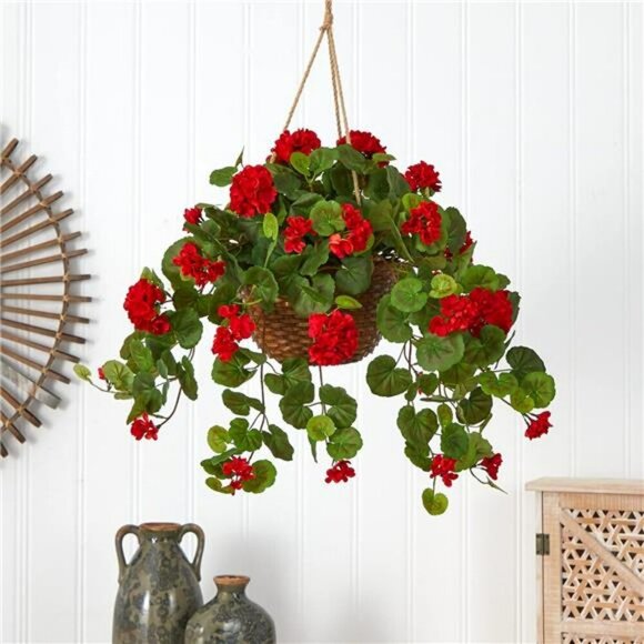 Nearly Natural Red Geranium Hanging Basket 24in Faux Silk Plant Home Decor - Picture 5 of 7